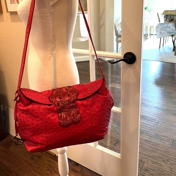Bolingo By Susan Todd Red Designer Exotic Crocodile and Ostrich Hobo Handbag VTG - Picture 3 of 14